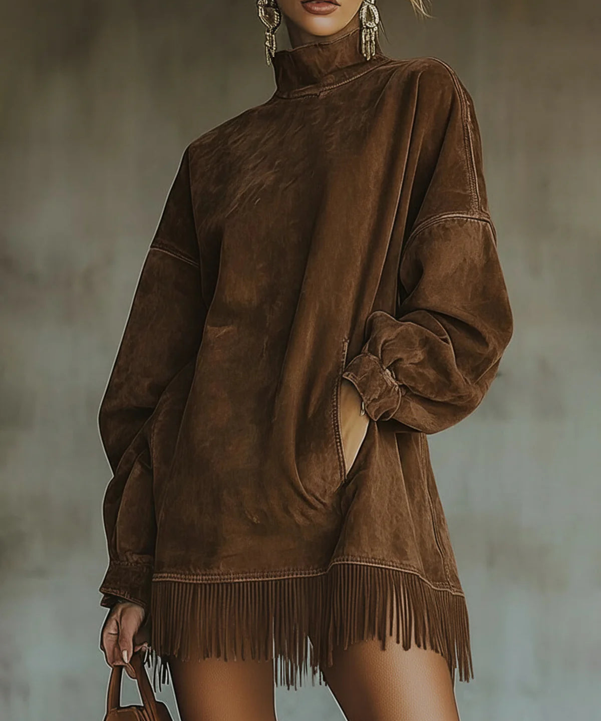 Božena | Sukienka z wysokim kołnierzem z zamszu z frędzlami